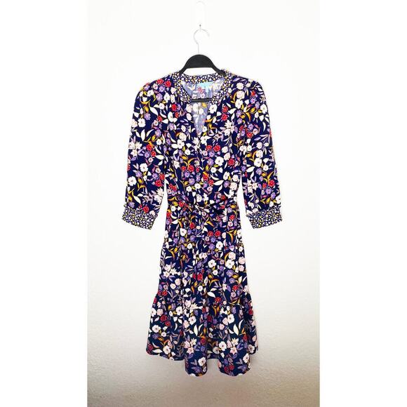 Draper James Women's Loretta Shirt Dress Navy Floral Flattering Tiered Skirt XS - Picture 3 of 9